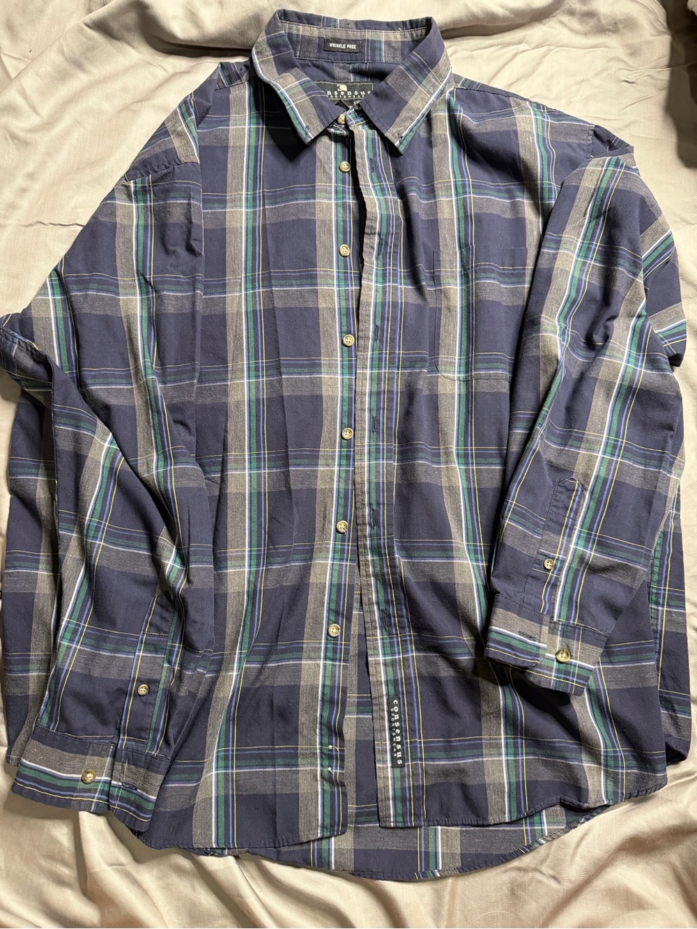 Men's Navy Plaid Button-Down Shirt with Green Accents